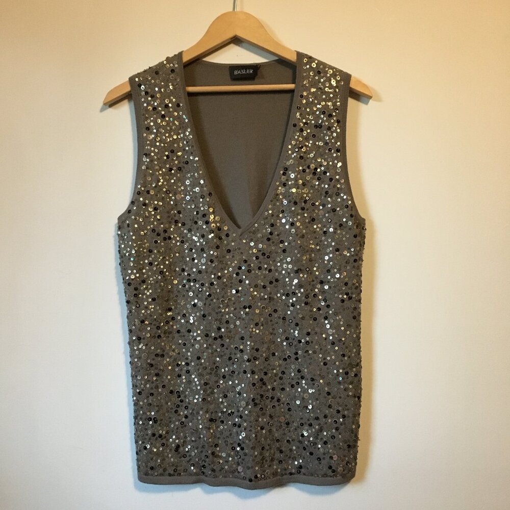 BASLER Virgin Wool Silk Sequin Knit Sweater Vest Grey - 38 / M